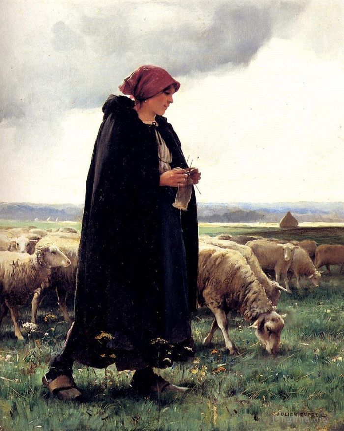 Julien Dupre Oil Painting - A Sheperdess With Her Flock