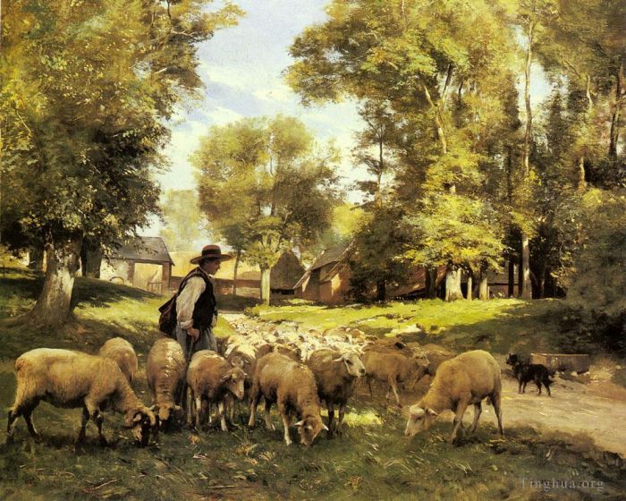 Julien Dupre Oil Painting - A Shepherd And His Flock
