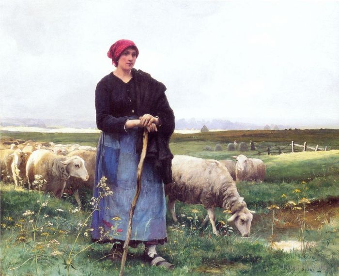 Julien Dupre Oil Painting - A Shepherdess with her flock