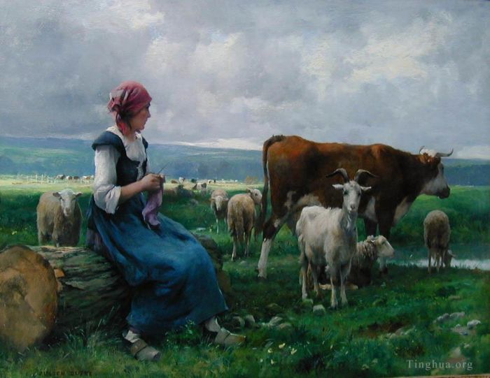 Julien Dupre Oil Painting - Dhepardes with goat sheep and cow