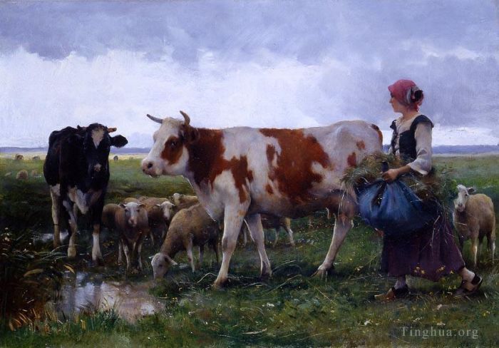 Julien Dupre Oil Painting - Peasant woman with cows and sheep