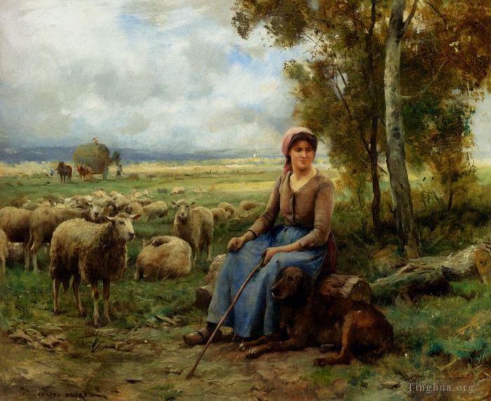 Julien Dupre Oil Painting - Shepherdess Watching Over Her flock