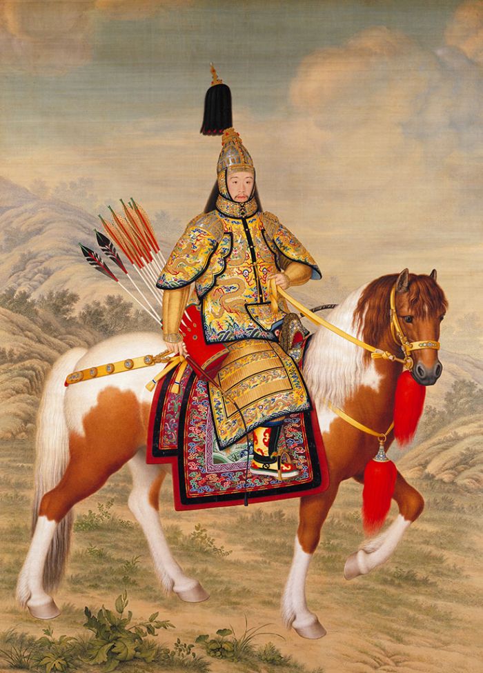 Giuseppe Castiglione Chinese Painting - The Qianlong Emperor in Ceremonial Armour on Horseback