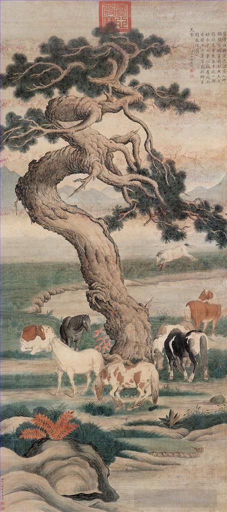 Giuseppe Castiglione Chinese Painting - Eight horses under tree