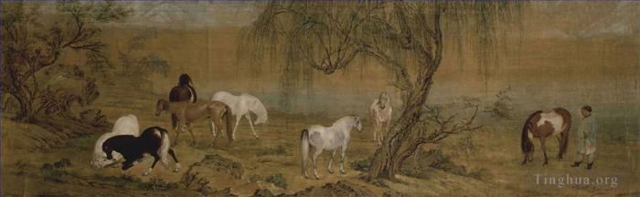 Giuseppe Castiglione Chinese Painting - Horses in countryside