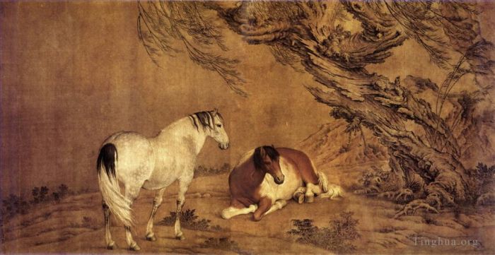 Giuseppe Castiglione Chinese Painting - Horses under willow shadow