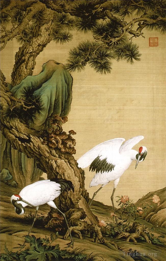 Giuseppe Castiglione Chinese Painting - Two cranes under pine tree