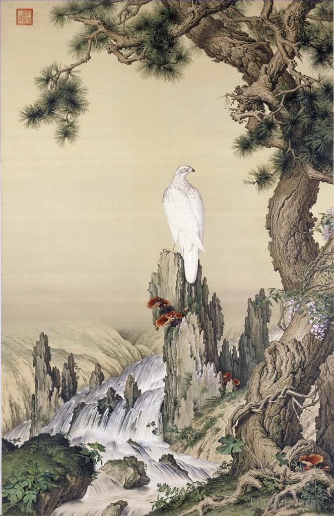 Giuseppe Castiglione Chinese Painting - White bird near waterfall