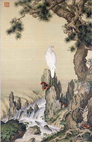 Artist Giuseppe Castiglione's Work - White bird near waterfall