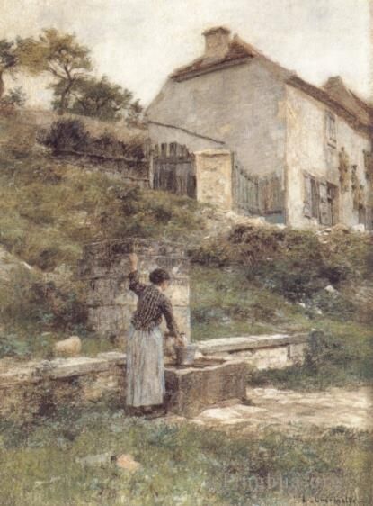 Leon Augustin L'hermitte Oil Painting - A Woman Filing Her Bucket at a Well