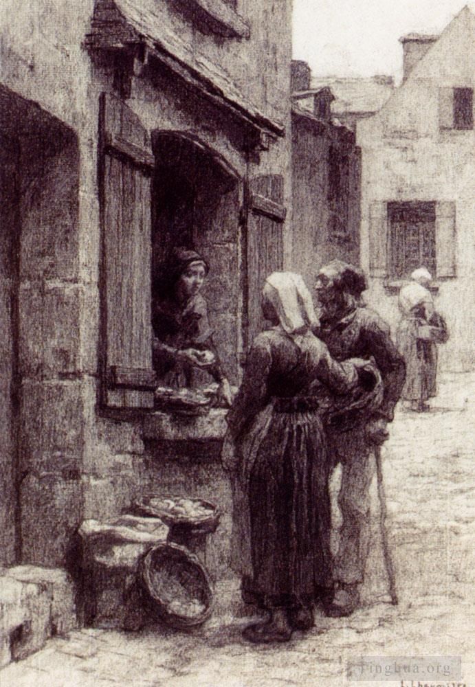 Leon Augustin L'hermitte Oil Painting - Breton Peasants Buying Fruit At Landerneau