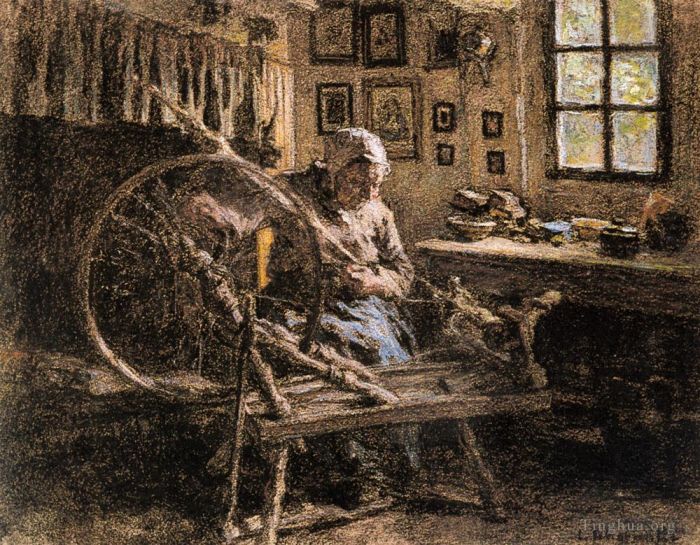 Leon Augustin L'hermitte Oil Painting - The Spinning Wheel
