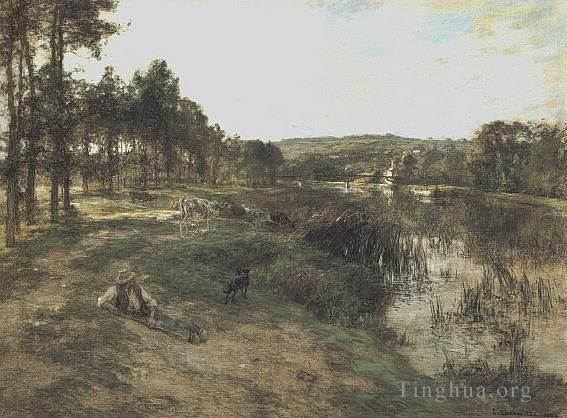 Leon Augustin L'hermitte Oil Painting - Troupeau au bord de leau 1904