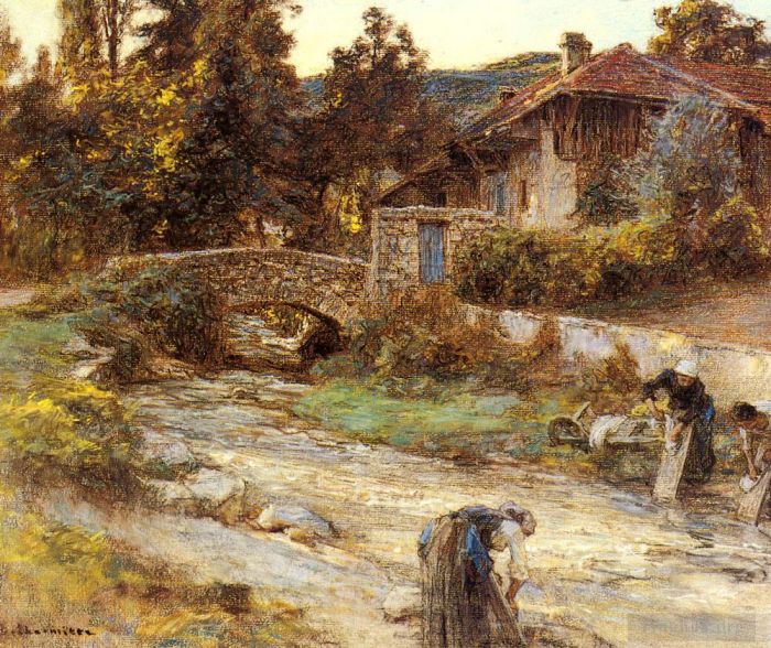Leon Augustin L'hermitte Oil Painting - Washerwomen At A Stream With Buildings Beyond