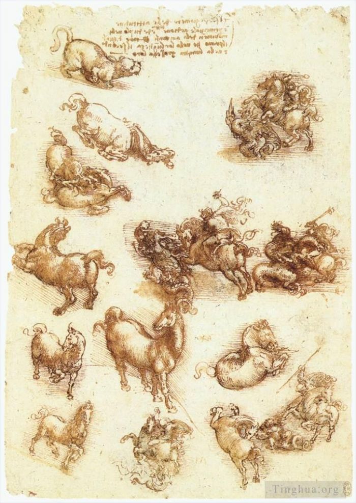 Leonardo da Vinci Various Paintings - Study sheet with horses and dragons