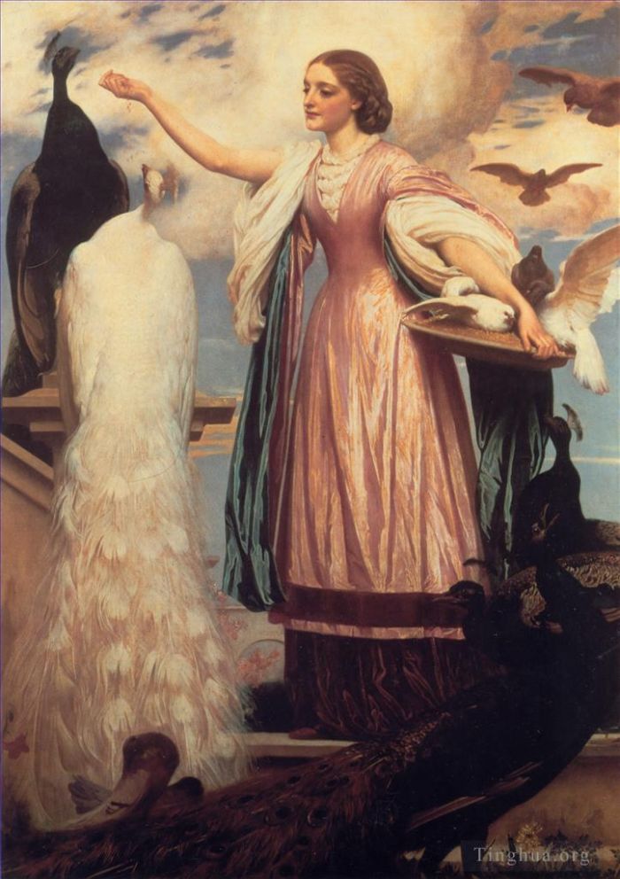 Frederic Leighton Oil Painting - A Girl Feeding Peacocks