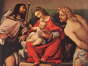 Artist Lorenzo Lotto's Work - Madonna with the Child and Sts Rock and Sebastian 1522