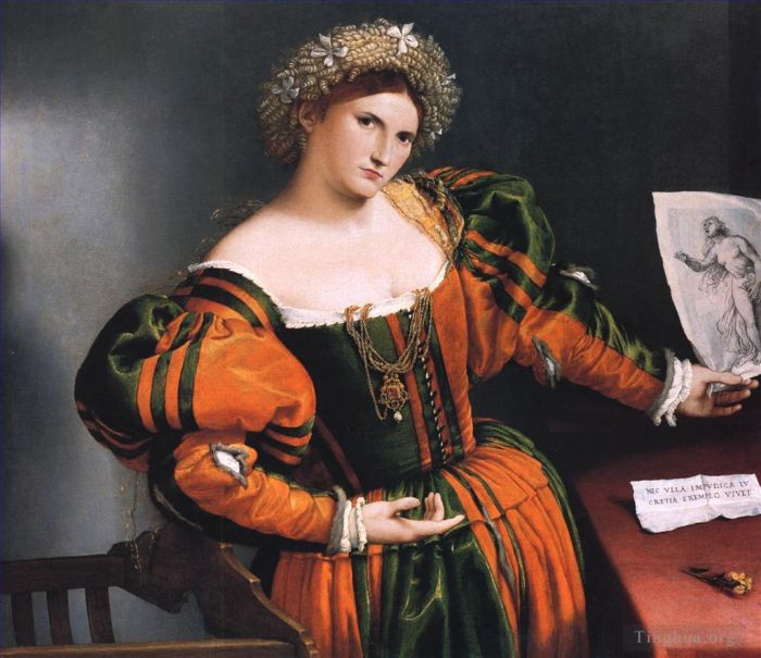 Lorenzo Lotto Oil Painting - Portrait of a lady with a picture of the suicide of Lucretia
