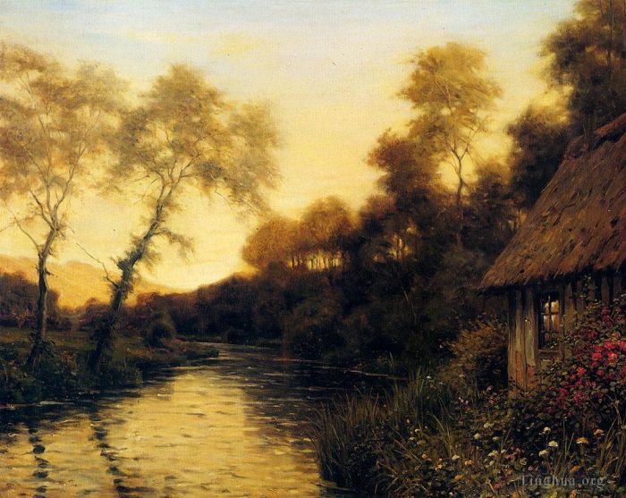 Louis Aston Knight Oil Painting - A French River Landscape At Sunset