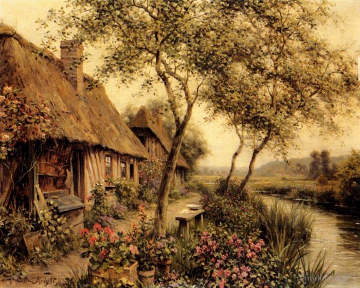 Louis Aston Knight Oil Painting - Cottages Beside A River