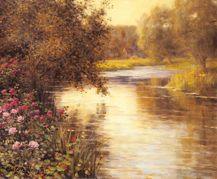 Louis Aston Knight Oil Painting - Spring Blossoms Along A Meandering River