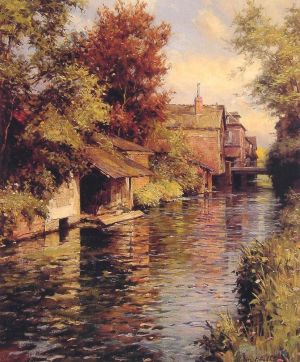 Antique Oil Painting - Sunny Afternoon on the Canal