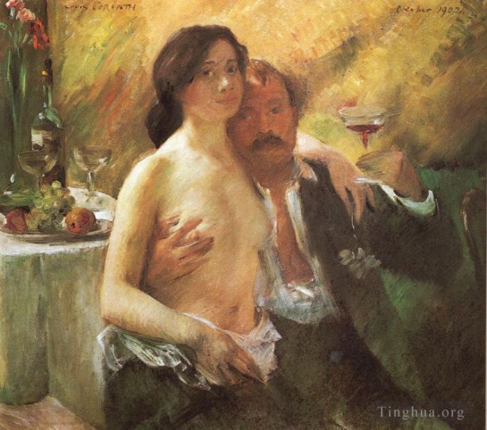 Lovis Corinth Oil Painting - Self portrait with his Wife and a Glass of Champagne