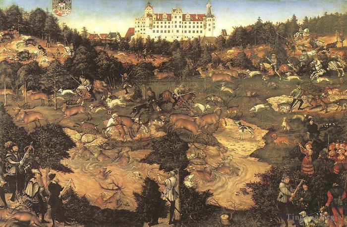 Lucas Cranach the Elder Oil Painting - Hunt In Honour Of Charles V At The Castle Of Torgau