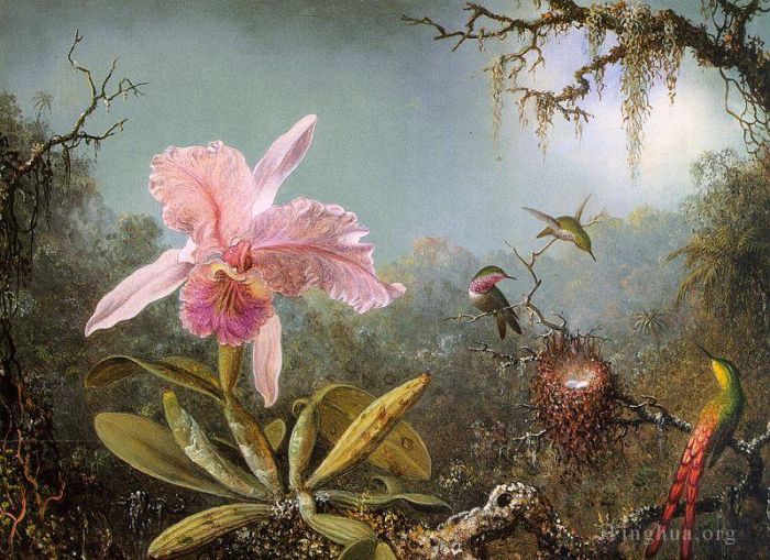 Martin Johnson Heade Oil Painting - Cattelya Orchid and Three Brazilian Hummingbirds