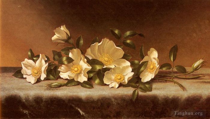 Martin Johnson Heade Oil Painting - Cherokee Roses On A Light Gray Cloth