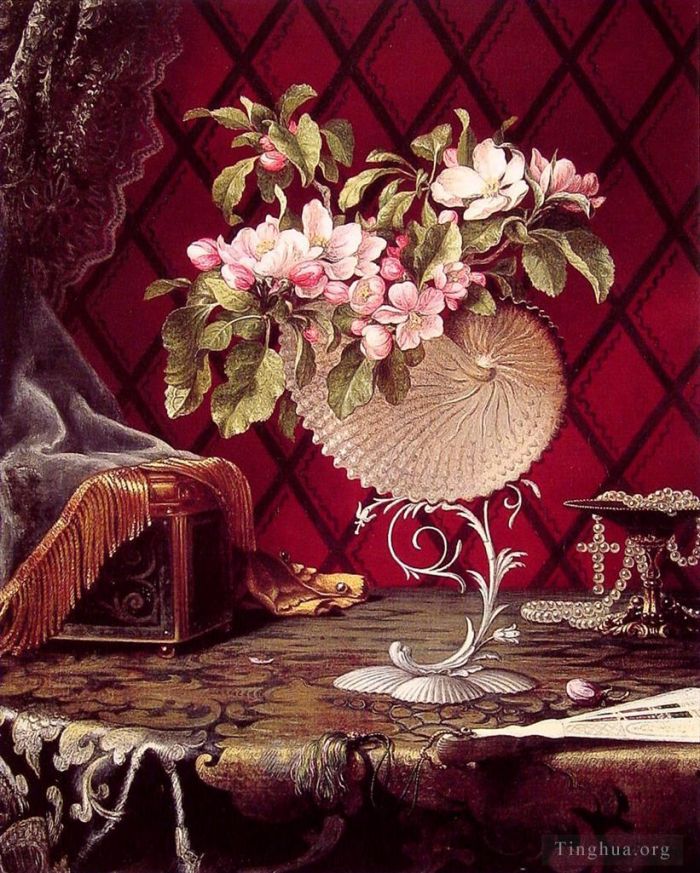 Martin Johnson Heade Oil Painting - Still Life with Apple Blossoms in a Nautilus Shell