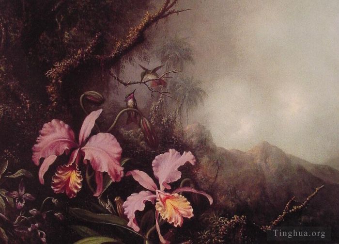 Martin Johnson Heade Oil Painting - Two Orchids in a mountain Landscape