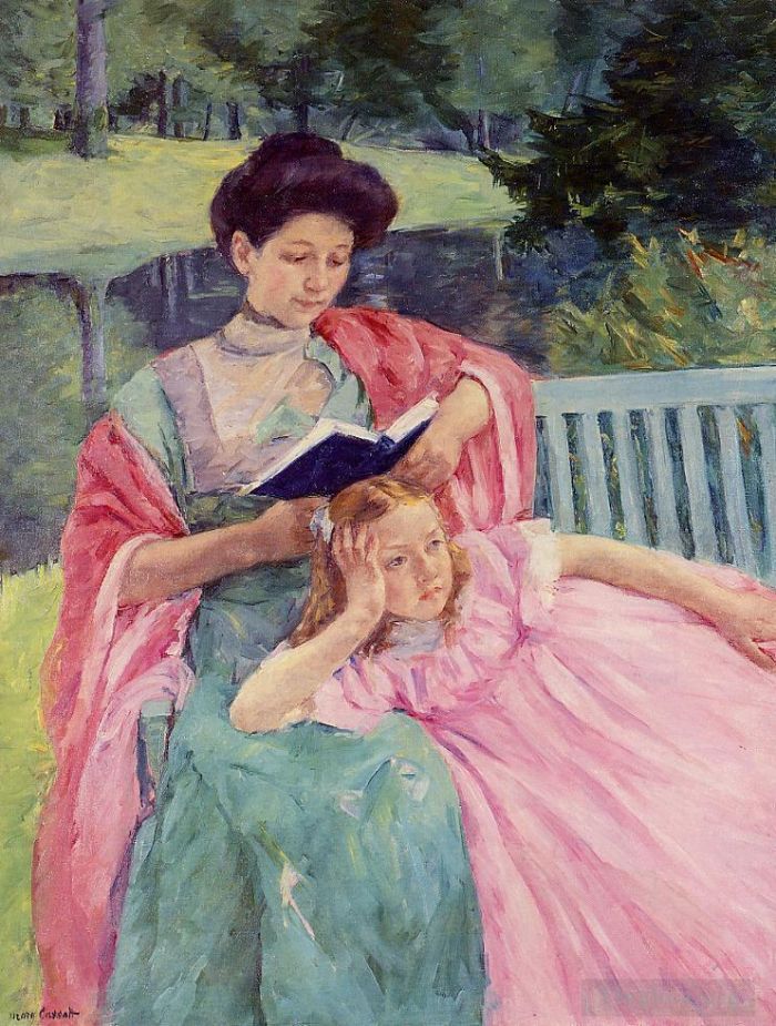 Mary Stevenson Cassatt Oil Painting - Auguste Reading to Her Daughter