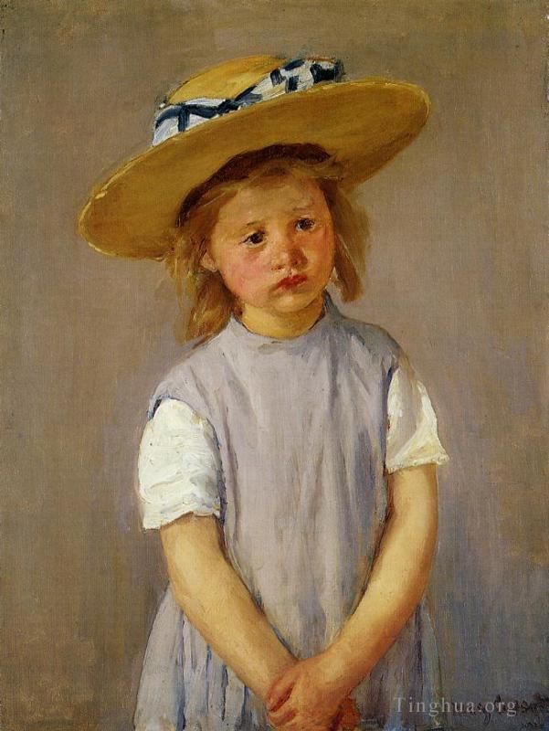 Mary Stevenson Cassatt Oil Painting - Little Girl in a Big Straw Hat and a Pinnafore
