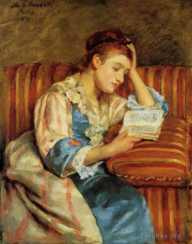 Mary Stevenson Cassatt Oil Painting - Mrs Duffee Seated on a Striped Sofa Reading