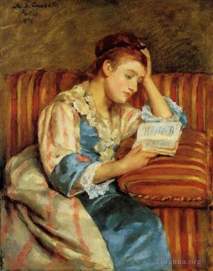 Artist Mary Stevenson Cassatt's Work - Mrs Duffee Seated on a Striped Sofa Reading
