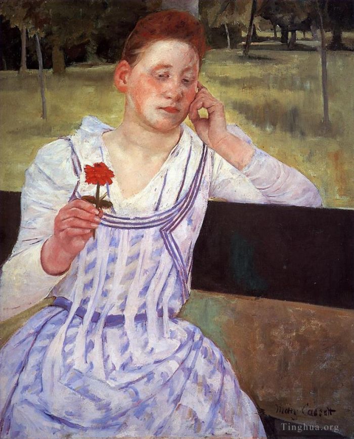 Mary Stevenson Cassatt Oil Painting - Reverie aka Woman with a Red Zinnia