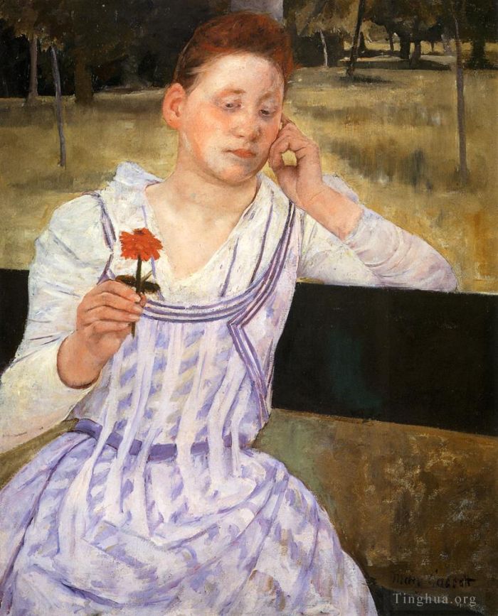 Mary Stevenson Cassatt Oil Painting - Woman With A Red Zinnia
