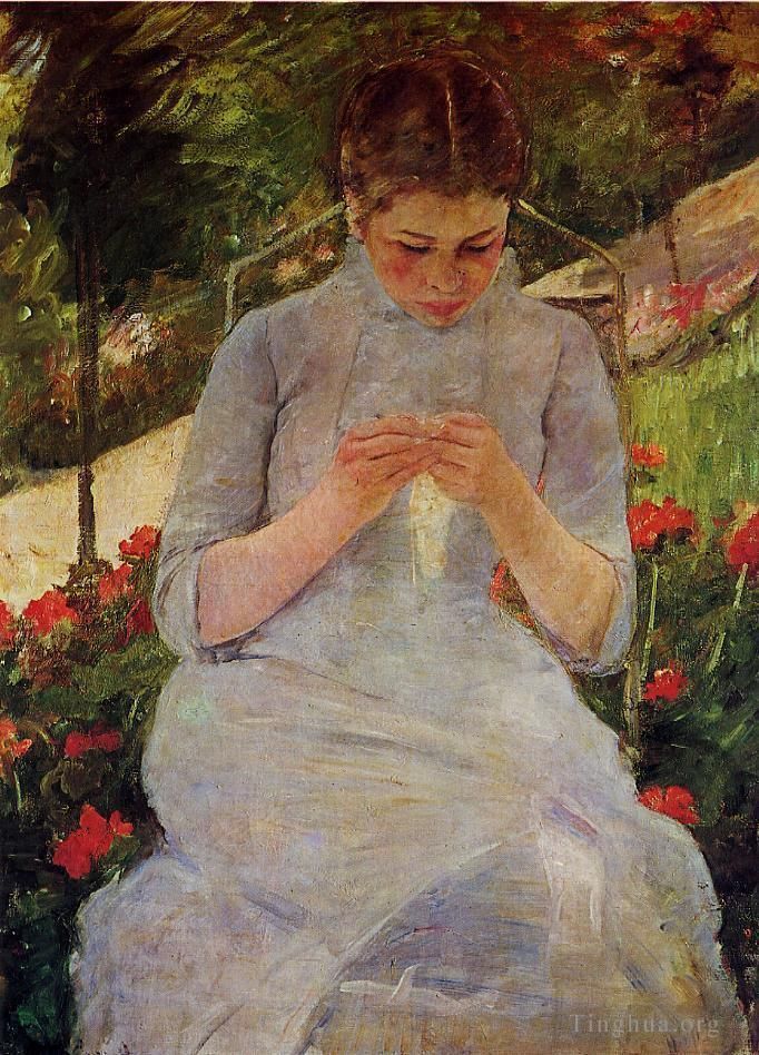 Mary Stevenson Cassatt Oil Painting - Young Woman Sewing in a Garden