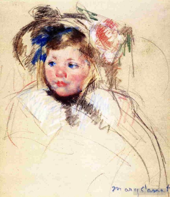 Mary Stevenson Cassatt Various Paintings - Head of Sara in a Bonnet Looking Left