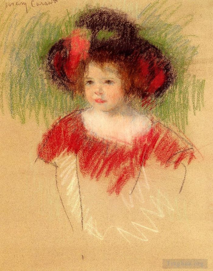 Mary Stevenson Cassatt Various Paintings - Margot In Big Bonnett And Red Dress