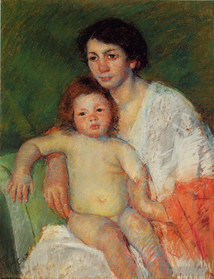 Mary Stevenson Cassatt Various Paintings - Nude Baby on Mothers Lap Resting Her Arm on the Back of the Chair