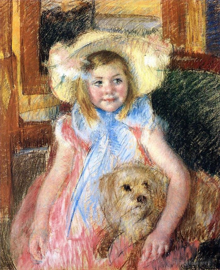 Mary Stevenson Cassatt Various Paintings - Sara in a Large Flowered Hat Looking Right Holding Her Dog