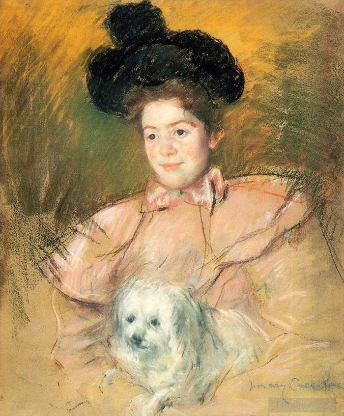 Mary Stevenson Cassatt Various Paintings - Woman in Raspberry Costume Holding a Dog