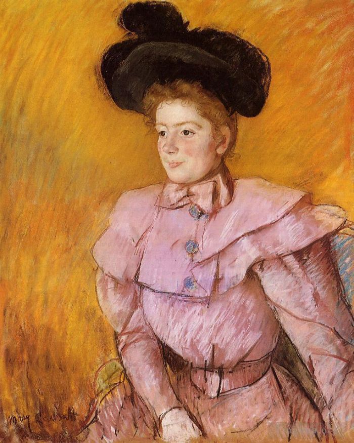 Mary Stevenson Cassatt Various Paintings - Woman in a Black Hat and a Raspberry Pink Costume