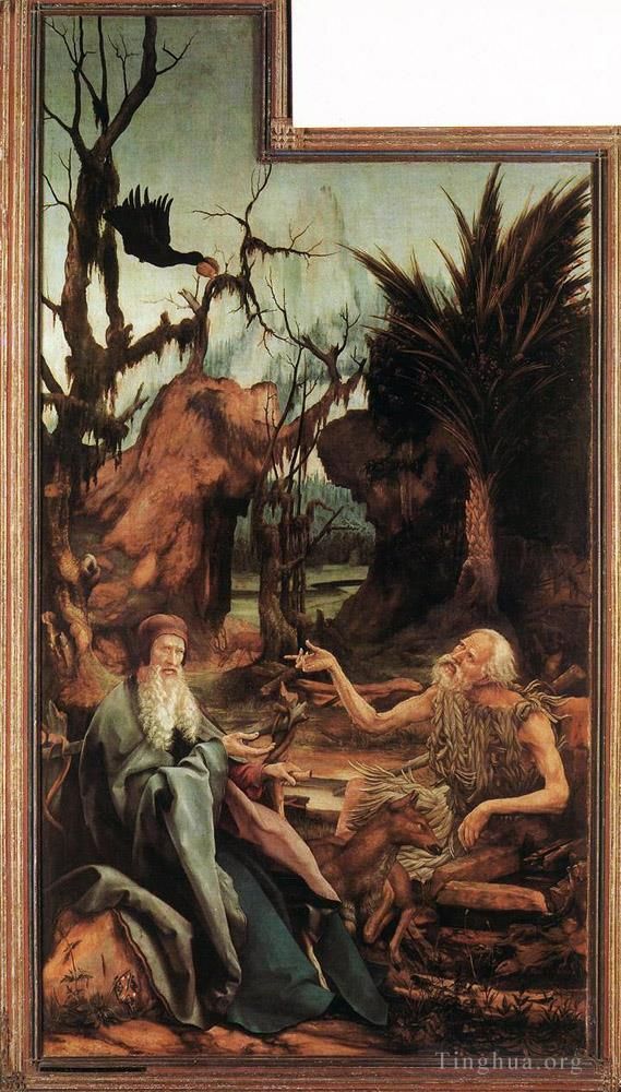Matthias Grunewald Oil Painting - Sts Paul and Antony in the Desert