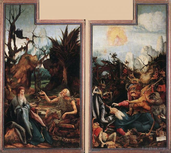 Matthias Grunewald Oil Painting - Visit of St Antony to St Paul and Temptation of St Antony