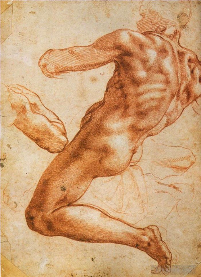 Michelangelo Various Paintings - Study for an ignudo red chalk