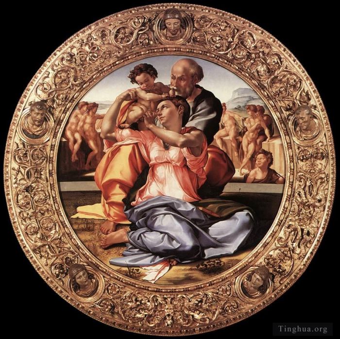 Michelangelo Various Paintings - The Doni Tondo framed