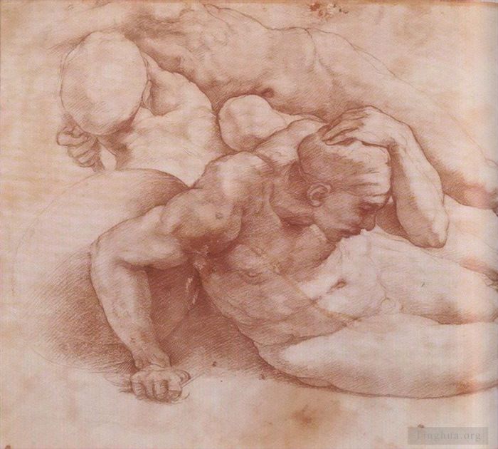 Michelangelo Various Paintings - Two Figures red chalk